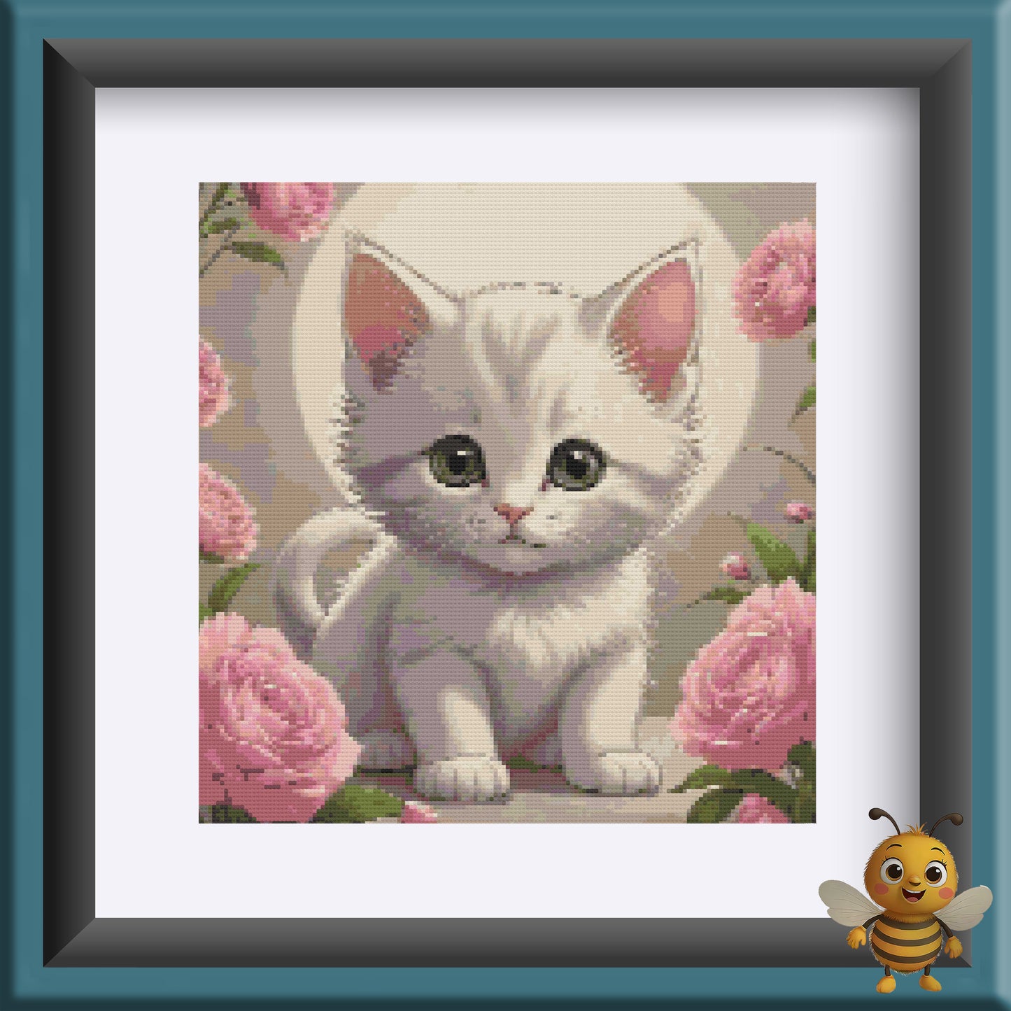 "White Kitten with Pink Flowers" Cross Stitch Pattern - Interactive PDF Chart