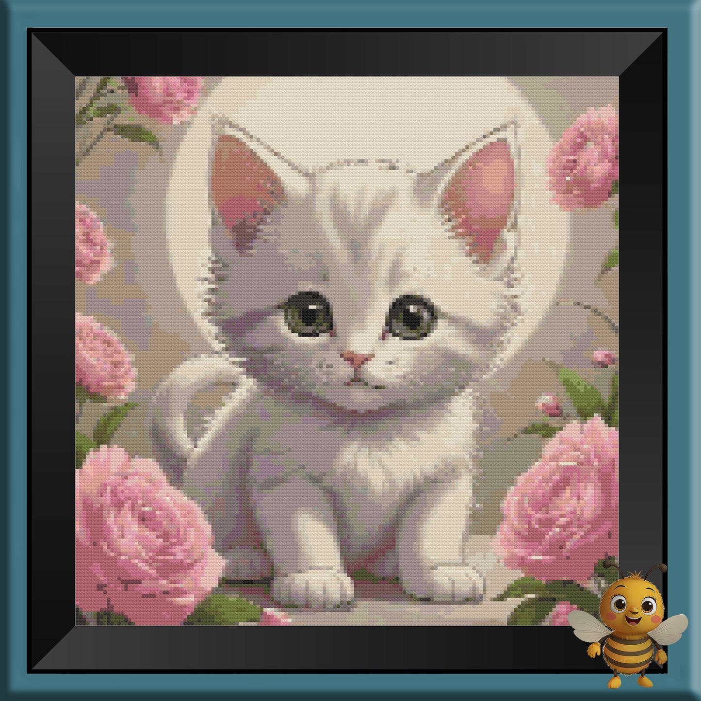 "White Kitten with Pink Flowers" Cross Stitch Pattern - Interactive PDF Chart