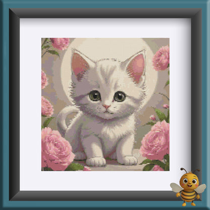 "White Kitten with Pink Flowers" Cross Stitch Pattern - Interactive PDF Chart