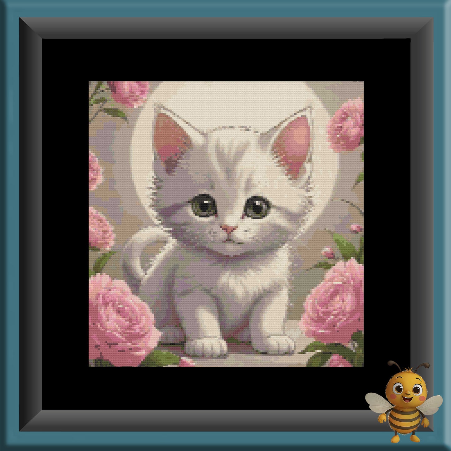 "White Kitten with Pink Flowers" Cross Stitch Pattern - Interactive PDF Chart