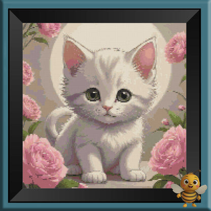 "White Kitten with Pink Flowers" Cross Stitch Pattern - Interactive PDF Chart